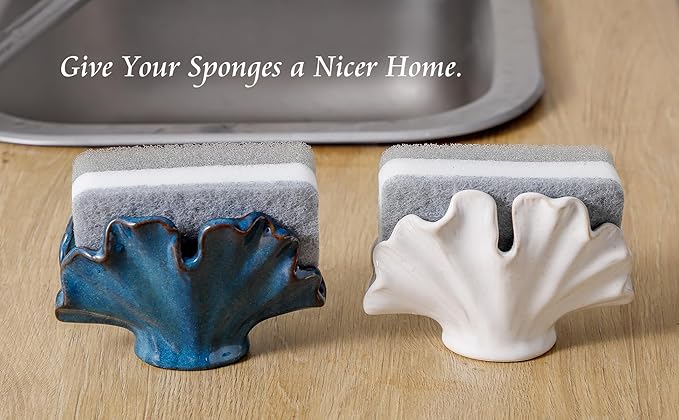 Ceramic Sponge Holder,Sponge Holder for Kitchen Sink,Compact Sink Caddy Organizer-Scouring Pad and Dish Sponge Holders,Farmhouse Kitchens Decor Cute Kitchen Gadgets Accessories(White)