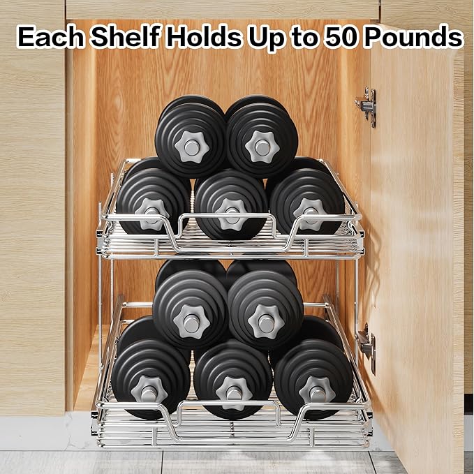 QUYUWU 2-Tier Kitchen Cabinet Pull Out Shelf and Drawer Organizer Slide Out Pantry Storaqe Basket in Multiple Sizes (18" W x 21" D)