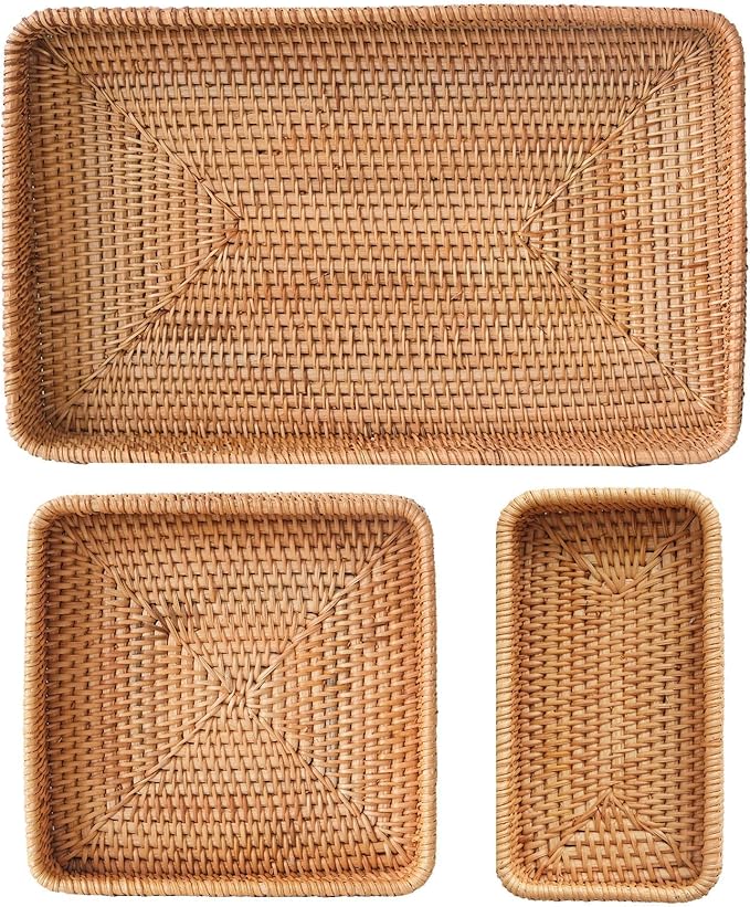 Rattan Serving Tray, Rectangle Basket Set of 3, Wicker Storage and Organizing Baskets, Natural Decorative Woven Tray for Home Decor, Bathroom, Kitchen Counter