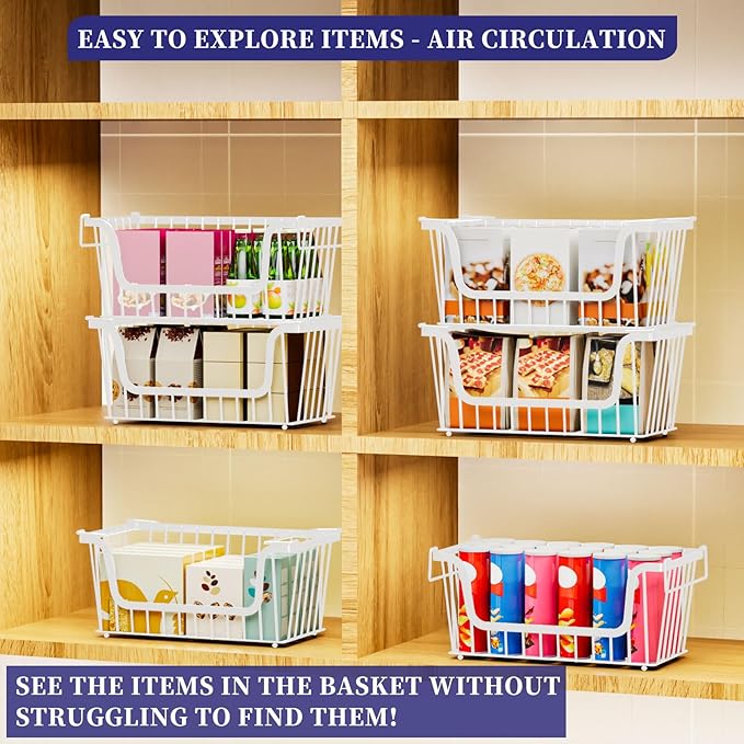 6 Pack Enhanced Leak-Proof Bottom Stackable Wire Baskets, Pantry Organizers and Storage, pantry storage,Shelf Baskets, Fruit Basket, Potato and Onion Storage Bins,(White)