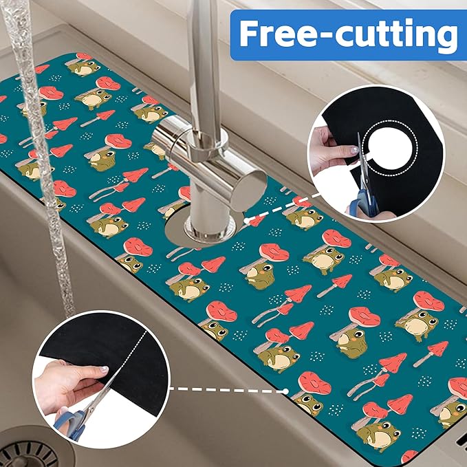 Cute Frog and Mushrooms Dish Drying Mat for Kitchen Sink Splash Guard Behind Faucet Sink Mat Absorbent Fast Drying Faucet Draining Mat for Bathroom Kitchen 5.5"×24"