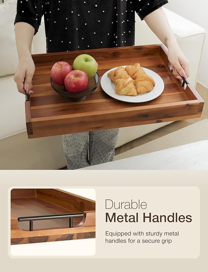 TIDITA 20 Inch Acacia Wood Ottoman Tray for Living Room - Coffee Table Trays, Serving Tray with Handles for Ottoman Table, Decorative Trays for Home Decor, Charcuterie Boards (Acacia Color)