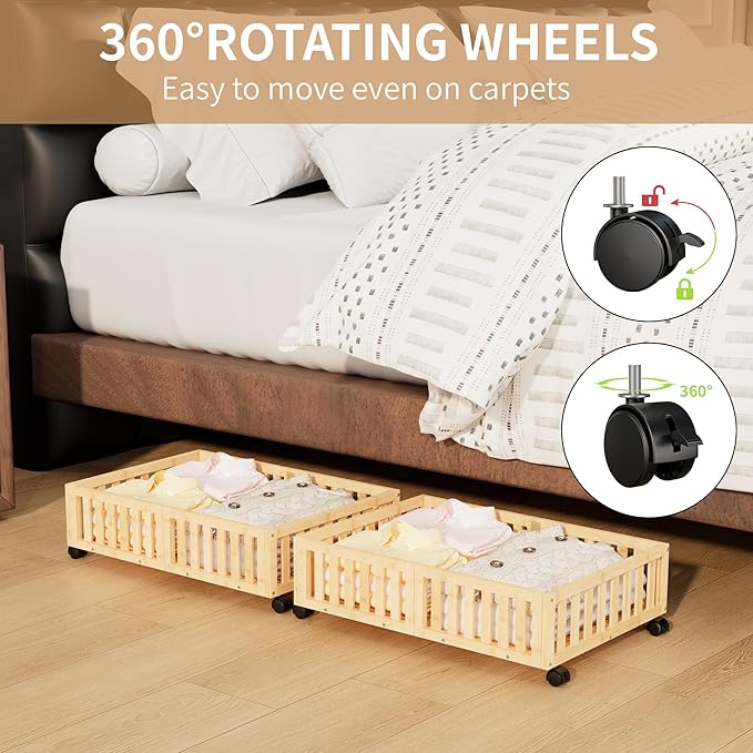 Bamboo Under Bed Storage with Wheels,Rolling Underbed Shoe Organizer Box for Shoes,Blankets,Toys,Clothes Container Space-Saving Bins for Bedroom,Closet,Dorm,Nursery