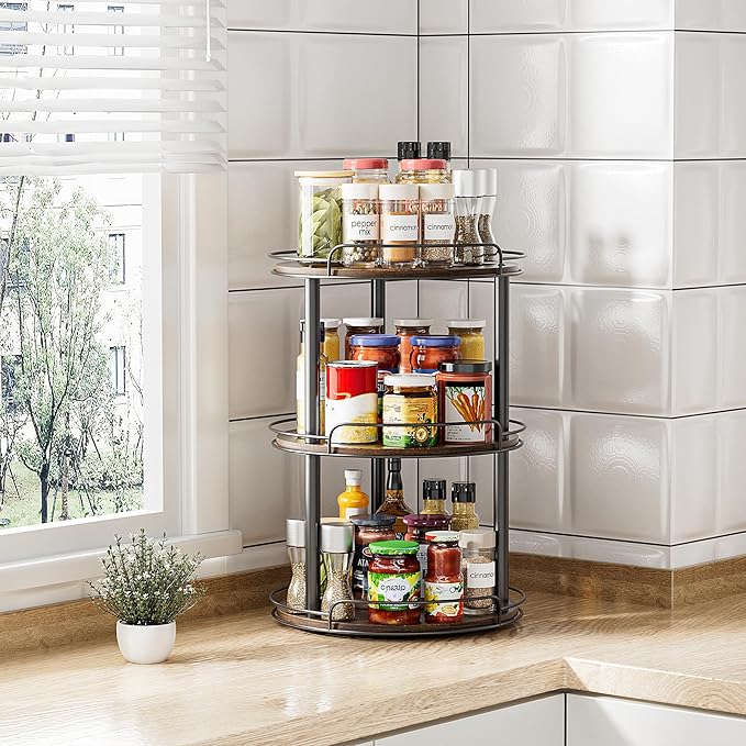LAMU 12.2'' Wood Lazy Susan Turntable Organizer for Cabinet, 3 Tier Lazy Susan Spice Rack Organizer for Kitchen, Table Top, Countertop, Pantry, Bathroom