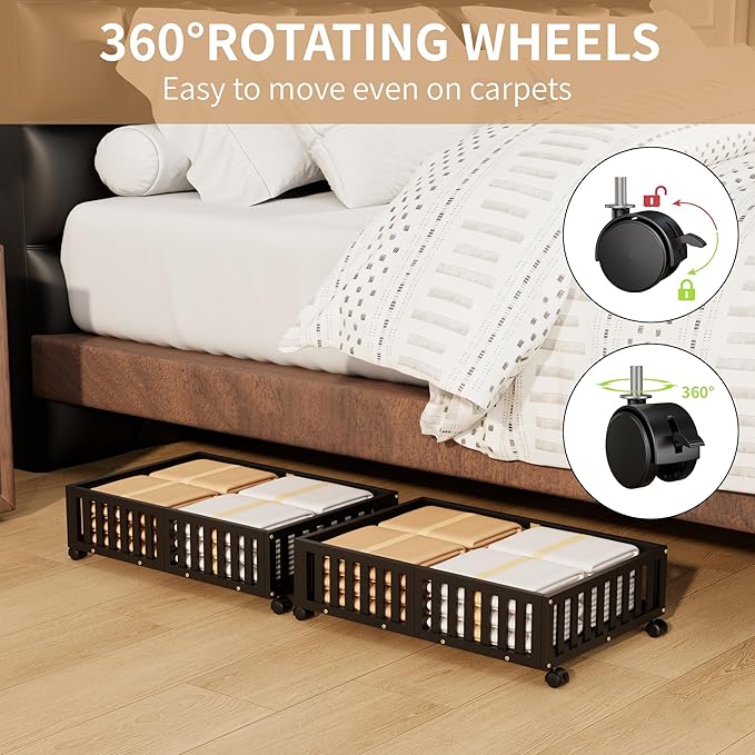 Bamboo Under Bed Storage with Wheels,Rolling Underbed Shoe Organizer Box for Shoes,Blankets,Toys,Clothes Container Space-Saving Bins for Bedroom,Closet,Dorm,Nursery