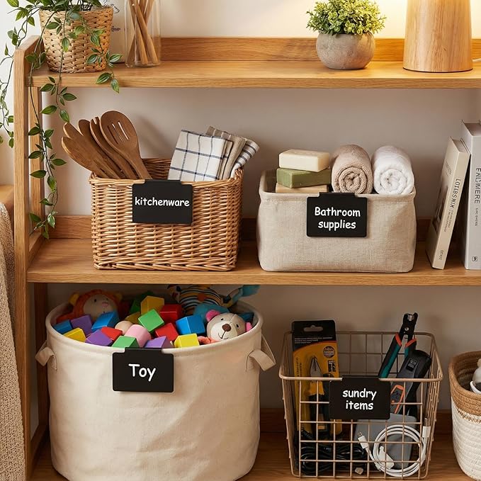 Chinco 24 Pcs Basket Label Clips Set Include 30 Removable Kitchen Clip Label Holder PVC Storage Bin with 2 Chalk Markers for Basket Kitchen Pantry Organization (Black Clip,White Pen)
