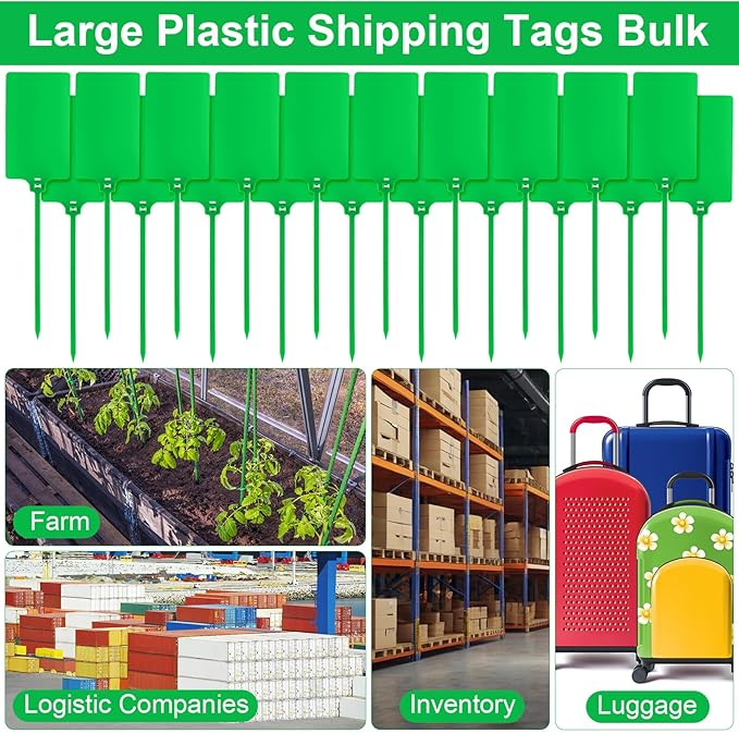Chunful 500 Pcs Blank Plastic Tags Shipping Tags 3.94"x 2.36" Waterproof Sealing Shipping Labels Bulk Writable Hanging Tag Ties Sealing Strap Reusable Mark Labels for Keys Luggage Logistic (Green)