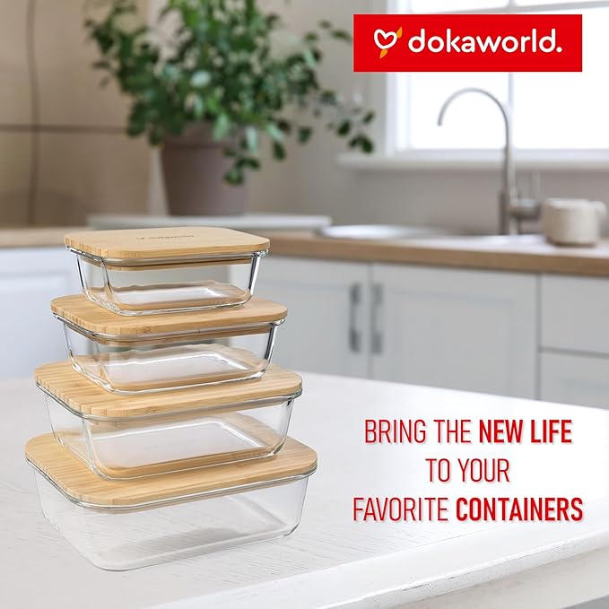 dokaworld Natural Bamboo Lids Set for Food Storage Glass Containers (4pcs) - Lids are compatible with all Glass Food Storage Containers Sets