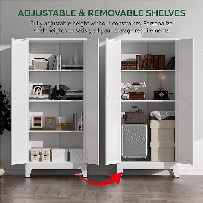 YNIQUESTLE Farmhouse Pantry Cabinet with Barn Doors,61" H x 27.5" W,Metal Cabinet with Adjustable Shelves,4-Tier Storage Cabinet for Kitchen Dining Room Garage,White