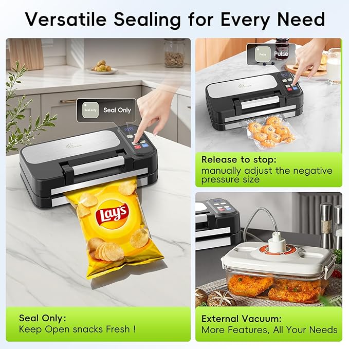 95kpa Vacuum Sealer for Food, 125W Commercial Food Saver Vacuum Sealer Machine, 10-in-1 Compact Meat Vacuum Packing Machine with Bags Storage, Built-in Cutter, Easy-Lock Handle, Stainless Steel