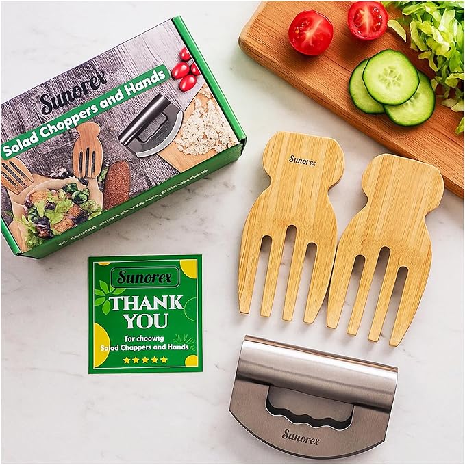Sunorex 3-in-1 Stainless Steel Salad Chopper & 2 Wooden Hands Set – Double Blade Mezzaluna Chopper with Bamboo Servers Salad Prep Kit for Chopping, Tossing & Serving Vegetables, Fruits, and Salads