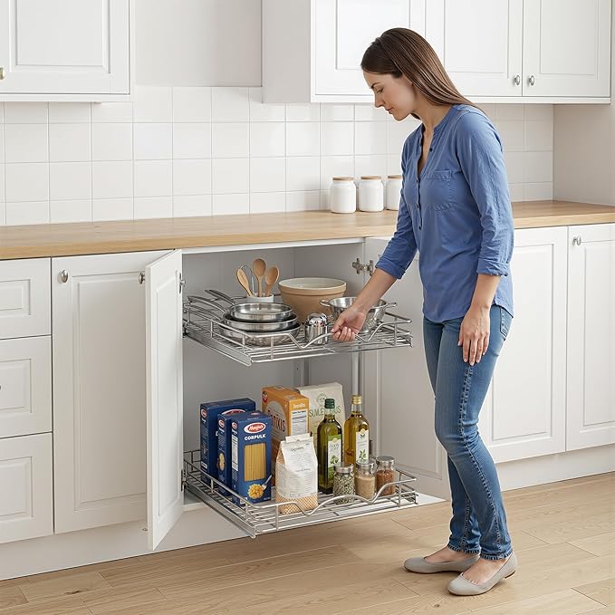 2-Tier Pull-Out Cabinet Organizer with Heavy-Duty Steel Frame, Full-Extension Sliding Shelves, Holds 100 lbs, Easy Install for Kitchen, Pantry & Under Sink Cabinets, 30" W x 21”D x 16.5" H