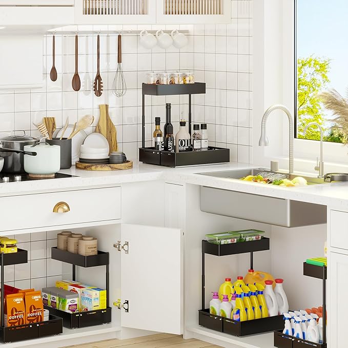 Pull Out Under Sink Organizer 2 Pack, 2 Tier Expandable Under Cabinet Storage with Height Adjustable Design for Kitchen Bathroom Laundry Room