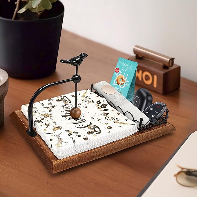 Elegant Flat Wooden Napkin Holder with Bird Design, Multifunctional Napkin Holder for Table, Kitchen, Outdoor Use Walnut Brown Wood Base Includes Space for Salt and Pepper Shakers