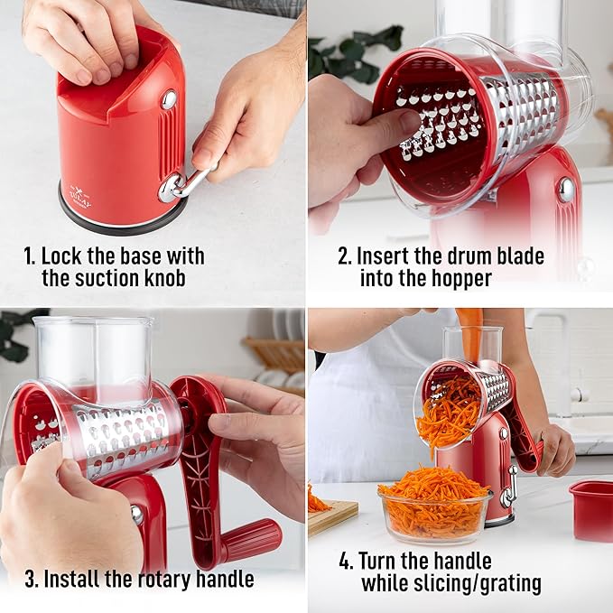 Zulay Kitchen Rotary Cheese Grater 5 Blade Cheese Shredder - Manual Hand Crank Cheese Grater With Reinforced Suction & 5 Interchangeable Drums - Easy to Use, Vegetable Chopper Round Mandoline Slicer
