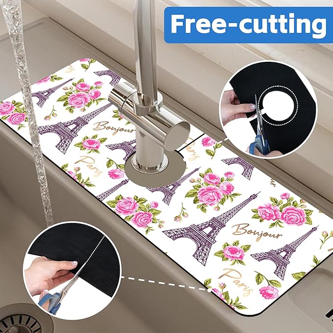 Romantic Eiffel Tower Roses Kitchen Sink Splash Guard Mat Absorbent Fast Drying Mat Faucet Draining Mat Sink Splash Guard Behind Faucet Drip Catcher for Kitchen Bathroom 5.5"×15"