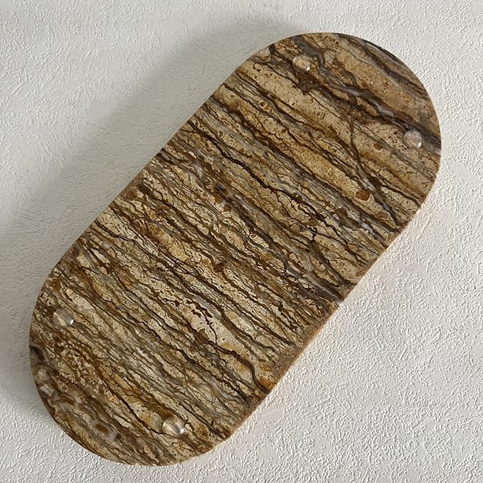 SAIDKOCC Natural Marble Oval Tray Ornaments Vintage Small Tray Storage Dish for Counter, Vanity, Dresser, Nightstand and Desk (Brown)