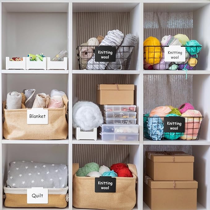 Chinco 24 Pcs Basket Label Clips Set Include 30 Removable Kitchen Clip Label Holder PVC Storage Bin with 2 Chalk Markers for Basket Kitchen Pantry Organization (White Black Clip,White Black Pen)
