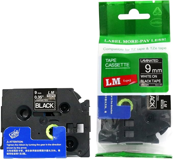 1/Pack LM Tapes - LMe325 Premium 3/8" White Print on Black Label Compatible with P-Touch TZe-325 Tape and Includes Tape Color/Size Guide. Replaces TZ-325 9mm 0.35 Laminated.