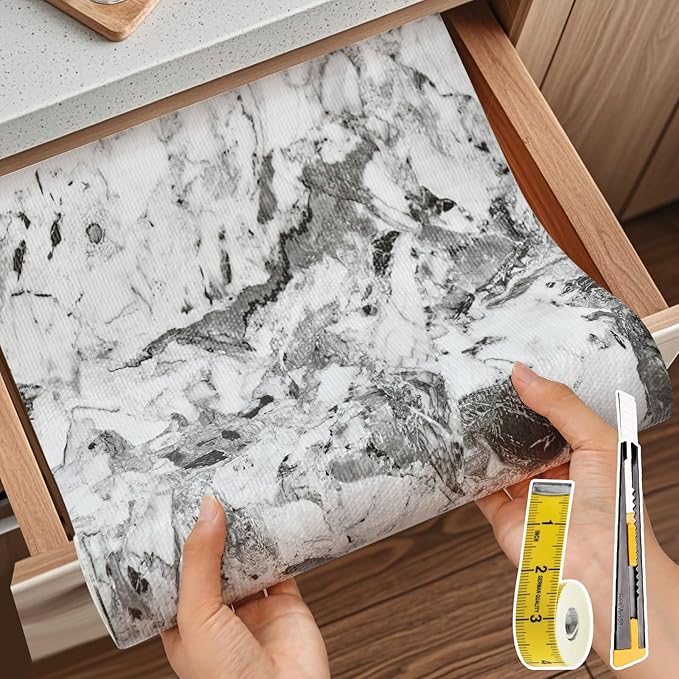 Drawer and Shelf Liner for Kitchen Cabinet: 12 in X 20 Ft Non Slip Waterproof Shelf Paper Non Adhesive Refrigerator Liners Grey and White Marble Easy Liners for Bathroom with Knife Tape Measure