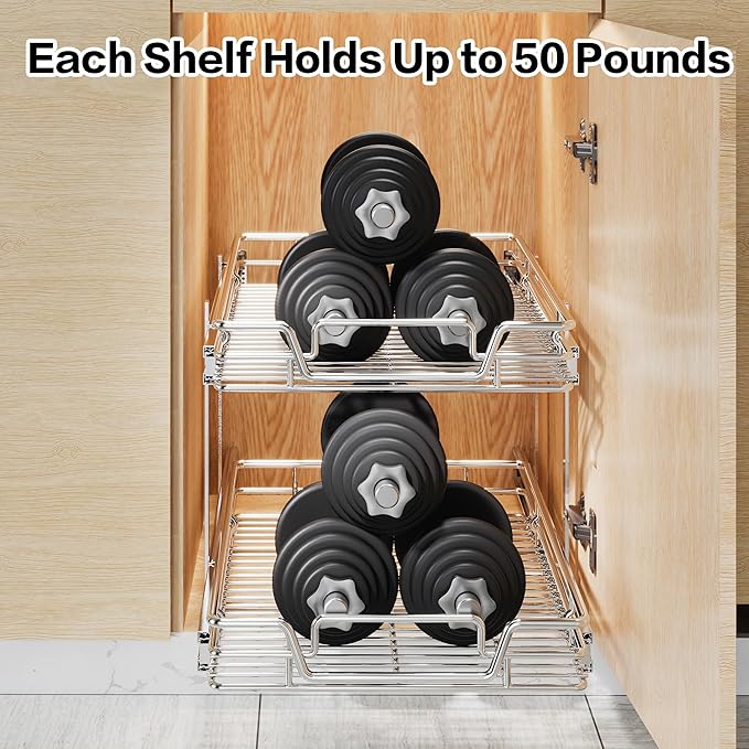 QUYUWU 2-Tier Kitchen Cabinet Pull Out Shelf and Drawer Organizer Slide Out Pantry Storaqe Basket in Multiple Sizes (15" W x18 D)