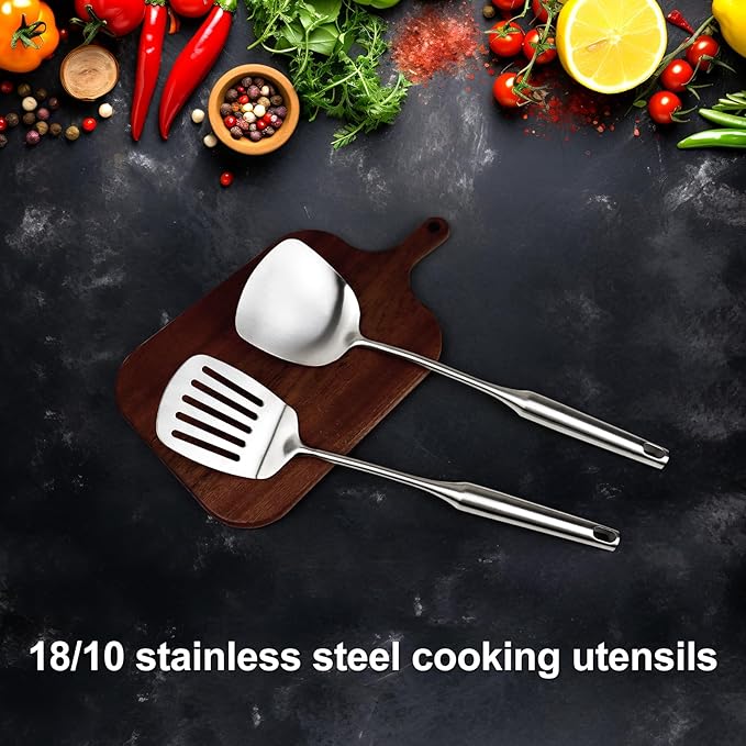 2pcs Metal Kitchen Utensils Set 18/10 Stainless Steel Utensils Set for Cooking, Heat Resistant Wok Tools Set for Chef