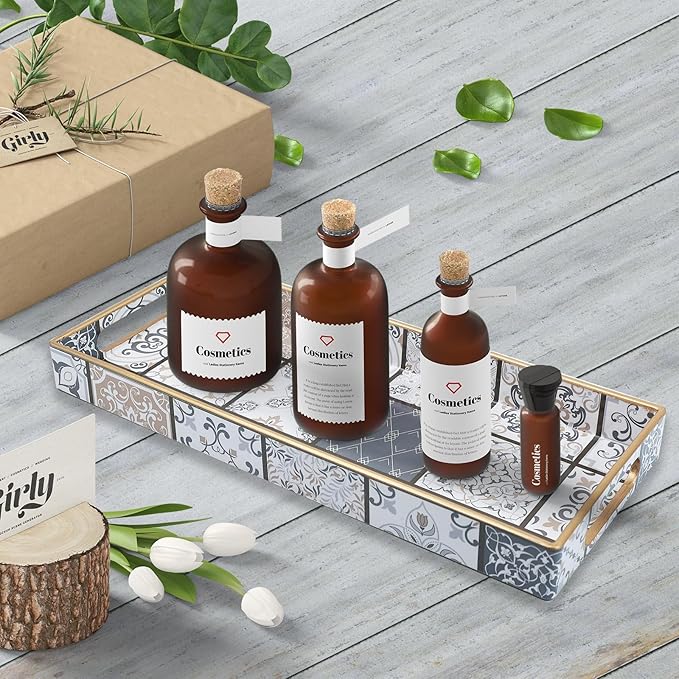Leemxiiny Bathroom Vanity Tray for Countertop, Small Plastic Toilet Tank Tray Versatile Storage & Organization Tray for Makeup, Perfume, Desk, Kitchen, Candles, 13.7"x6"x1.4", 35Boho3
