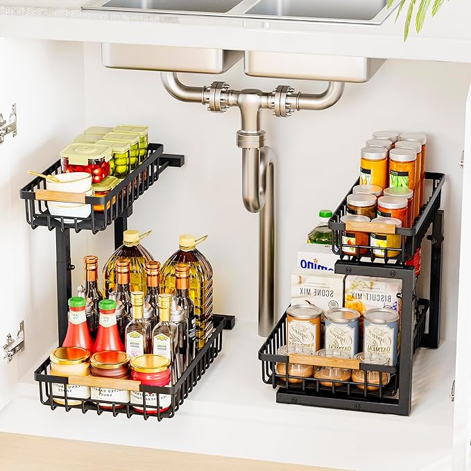Under Sink Organizers, 2 Tier Pull Out Under Cabinet Organizer,Height Adjustable Pull Out Cabinet Drawers, Metal Sliding Drawer for Kitchen Bathroom Pantry Cabinet Closet Organization Rack,2 Packs