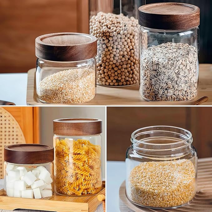 17 Fl oz/500 ml Glass Food Storage Jar, Premium Clear Glass Container Jar with Airtight Wooden Screw Lid, Kitchen Canisters for Coffee,Tea,Pasta,Cookies, Nuts,Spice,Candy,Overnight Oatmeal(Small)