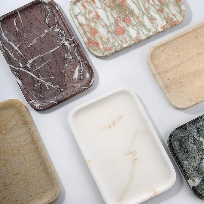 Koville Marble Tray, 12"x8" Marble Vanity Tray for Countertop Bathroom Kitchen Dresser, Decorative Catchall Trays for Perfume Jewelry, Rectangular Stone Serving Tray(Beige)