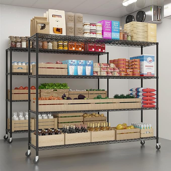 Karl home 4-Tier Metal Storage Shelves, Adjustable Wire Shelving Unit with Wheels & Leveling Feet, Heavy Duty Garage Shelving, Pantry & Kitchen Display Shelf Organizer, Home Storage Rack