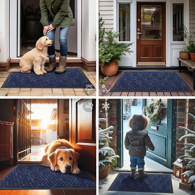 Smiry Front Door Mat Outside Entrance, Heavy Duty Sturdy Natural Rubber Doormat, Trap Dirt and Moisture, Easy Clean Low Profile Mats for Indoor Outdoor Entry, Grid Geometric (71x47, Navy Blue)