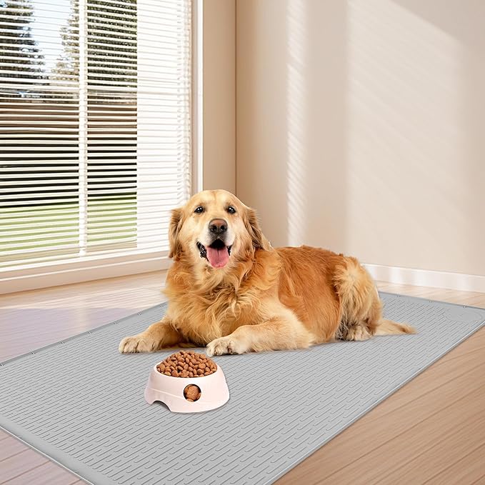 Dog Food Mat, Extra Large 57" x 40" Silicone Pet Feeding Mat with Raised Edge Pet Placemat for Small, Medium, and Large Pets Non-Slip, Easy to Clean (Light Grey)