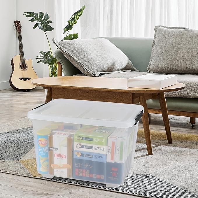 Wekioger 50 Quart Clear Latching Box with Wheels, 4 Packs Plastic Lidded Storage Bin