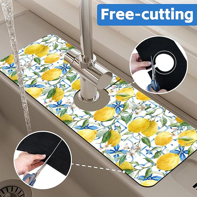 Yellow Lemons and Blue Tiles Sink Faucet Absorbing Mat Splash Guard Behind Faucet Sink Mat Absorbent Fast Drying Faucet Draining Mat for Bathroom Kitchen 5.5"×15"