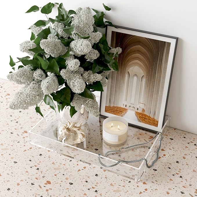ATZYmolin 16"x12" Large Acrylic Serving Tray Decorative Ottoman Coffee Table Vanity Tray Tea Fruit Platter Snack Appetizer Dessert Drink with Handles for Bar Kitchen Party, Clear