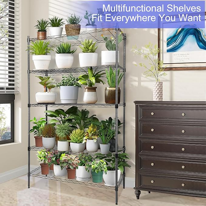 Whitmor 5 Tier Shelving Unit,Metal Storage Shelves, Heavy Duty with 4 Wheels & Adjustable Feet, 400 lbs Capacity per Shelf, Max 2000 lbs Total for Home, Garage, Workshop, 36" L x 14" W x 60" H, Black