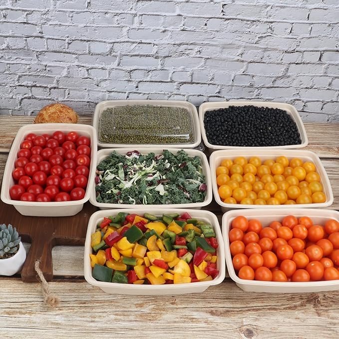 JAYEEY 40 oz Rectangle Disposable salad bowls with lids, Sugarcane Fibers Bowls take away food containers Plant Fibers Freezer Safe 50 Pack