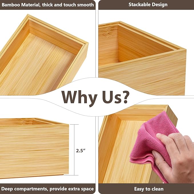 Greatseas Kitchen Drawer Organizer Tray, Stackable Bamboo Deep Drawer Organizer for Large Silverware, Utensils, Cutlery, Flatware,Junk Drawer, Dresser, Bathroom, 17" x 6" x 2.5" (Set of 2)