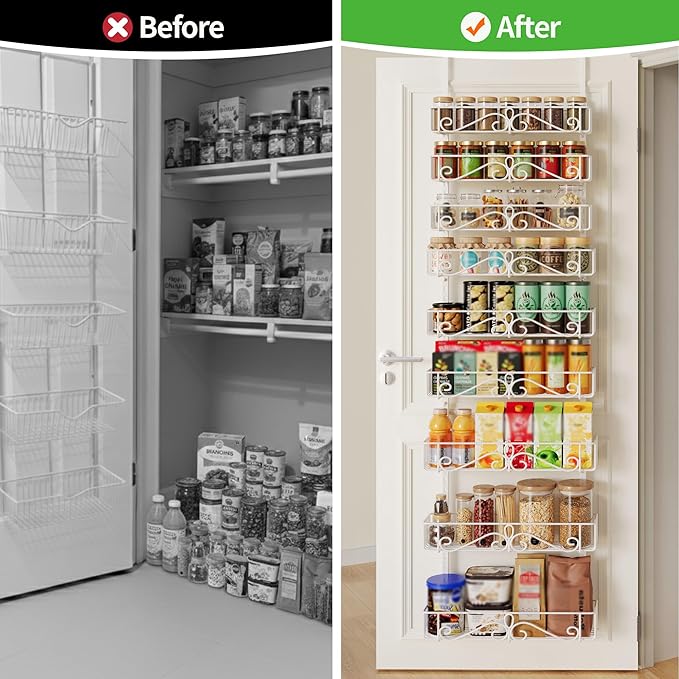Over the Door Pantry Organizer, 9-Tier Pantry Organization and Storage for Kitchen, Metal Hanging Spice Rack Shelves Door for Home & Kitchen, Laundry Room Bathroom, White