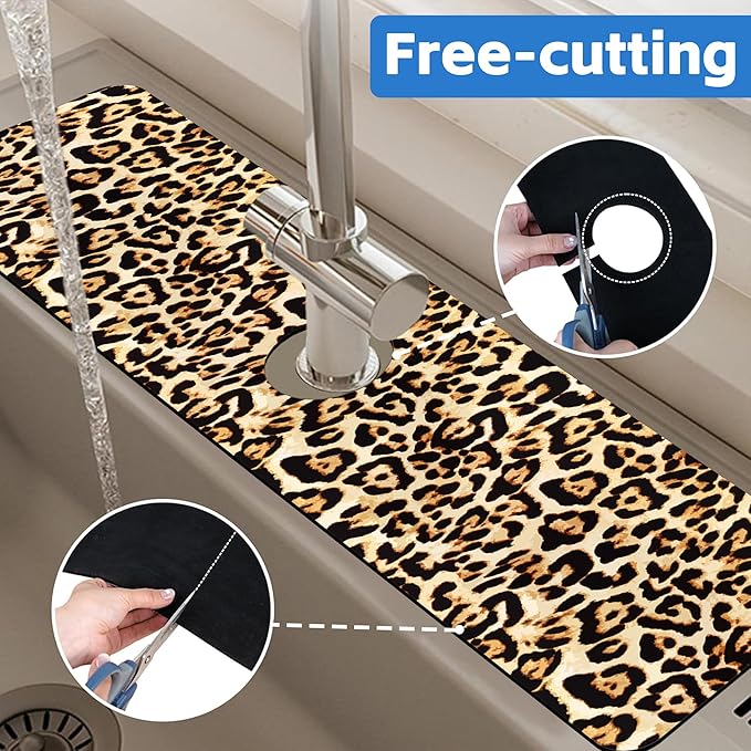 Abstract Brown Leopard Dish Drying Mat for Kitchen Sink Splash Guard Behind Faucet Sink Mat Absorbent Fast Drying Faucet Draining Mat for Bathroom Kitchen 5.5"×24"