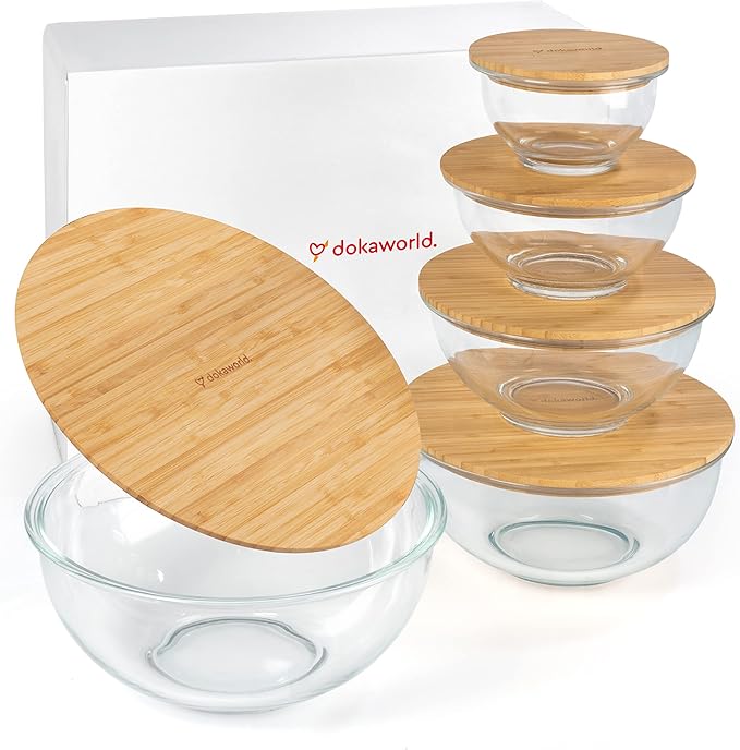 dokaworld Stackable Space-Saving Set of 5 Nesting Glass Bowls with Bamboo Lids for Foodprep, Storage, Baking, Mixing & Cooking, Microwave & Oven Safe BPA Free Heat Resistant Inert Borosilicate Glass