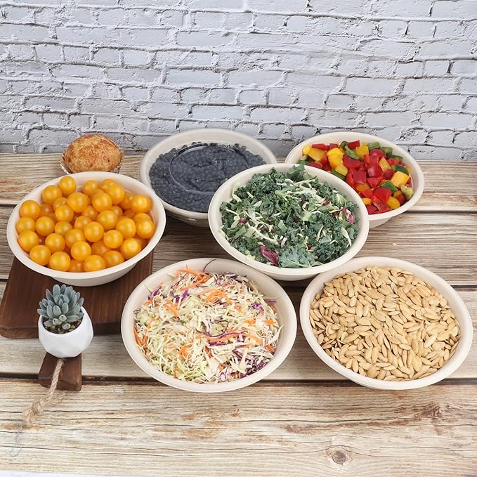JAYEEY 32 oz Round Disposable bowls with lids,Sugarcane Paper Bowls take away food containers Plant Fibers Freezer Safe 50 Pack