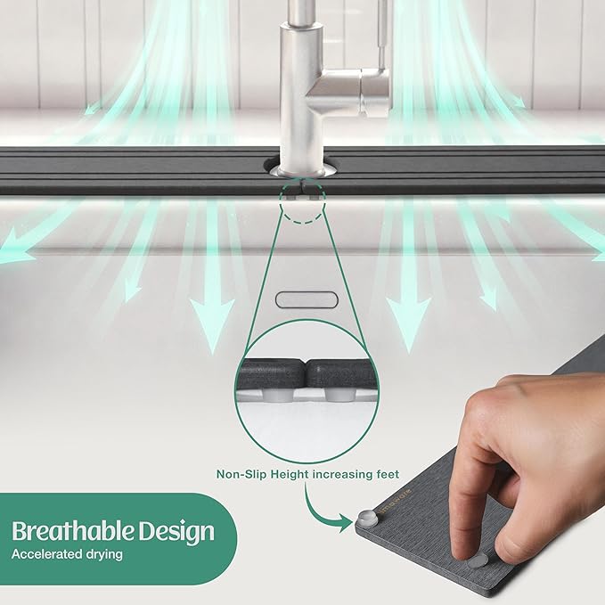 Stone Faucet Mat for Kitchen Sink Splash Guard 15.7" x 3.9" with 2.5" Center Hole | Dark Grey Diatomite Drying Stone Mat | Non-Slip Stone Tray for Kitchen Counter with Premium Texture