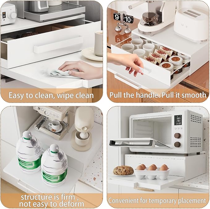 VibeNest Steel Microwave Stand with Pull-Out Drawers & Shelves | Countertop Organizer for Compact Microwaves, Coffee Station & Kitchen Appliance Storage (Black+Drawer+Shelf)