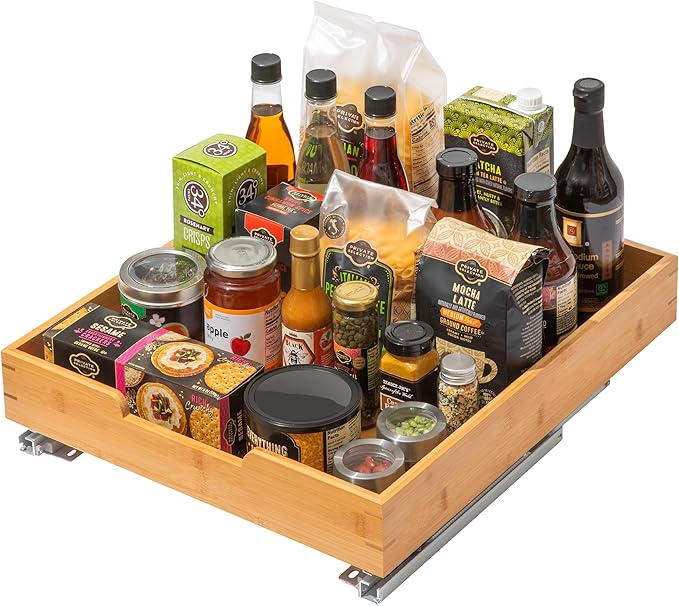 HOLDN’ STORAGE Bamboo Wooden Pull out Cabinet Organizer. 17" W x 21" D - Requires At Least a 18.25" W x 21" D.Cabinet Opening. W/Lifetime Limited Warranty. Bamboo Tray and Heavy gauge metal rails.