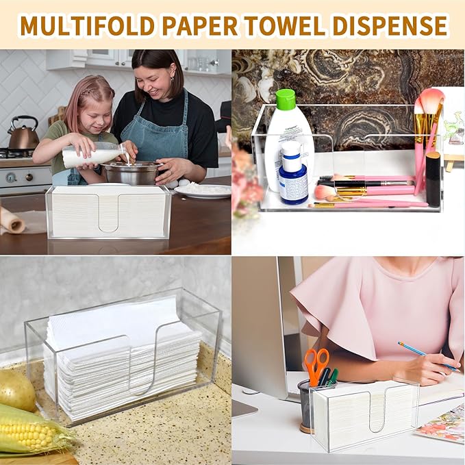 4 Pack Acrylic Paper Towel Holder, Countertop Napkin Dispenser for C-Fold, Multi-Fold & Trifold Paper Towels, 5mm Transparent Acrylic for Kitchen, Bathroom & Restaurant (4)
