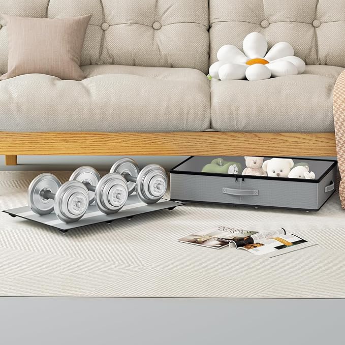 Under Bed Storage with Wheels, No Assemble Required 5.5 inches height grey under bed storage bins,Low Profile Rolling Underbed Shoe Storage containers,dorm underbed storage drawers