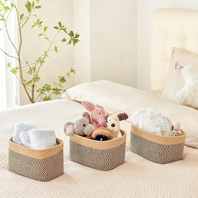 R RUNKA Small Cotton Rope Basket – Storage Bin for Organizing (10.6" x 6.7" x 6.7"), Bathroom Storage Basket for Shelf, Counter & Closet(Camel & Mixed Black)