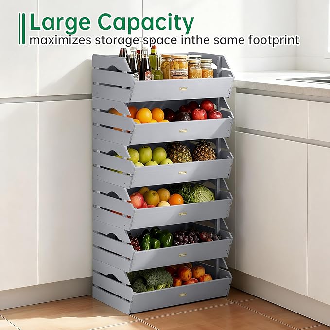 HABAU Potato Onion Storage Bin - Wood Stackable Produce Basket with Handles - Fruit and Vegetable Storage for Kitchen and Pantry Counter Organization - 3 Pack